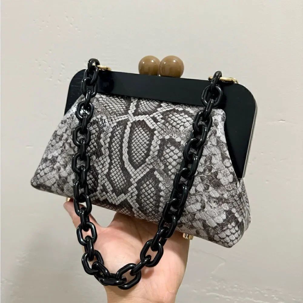 Snake Embossed Leather Handmade Wooden Frame Clutch, Wristlet, Crossbody Bag